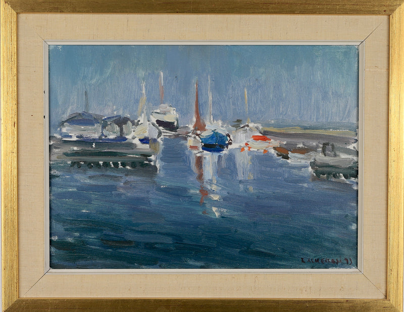 Mid Century Original Harbor Oil Painting From Sweden 1973