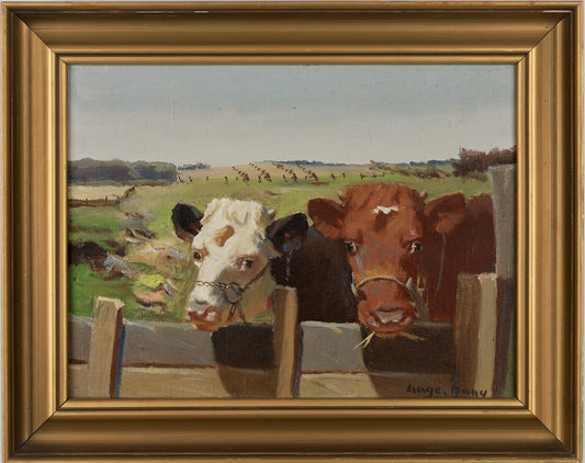 Vintage Art Room Original Oil Painting of Calves From Sweden