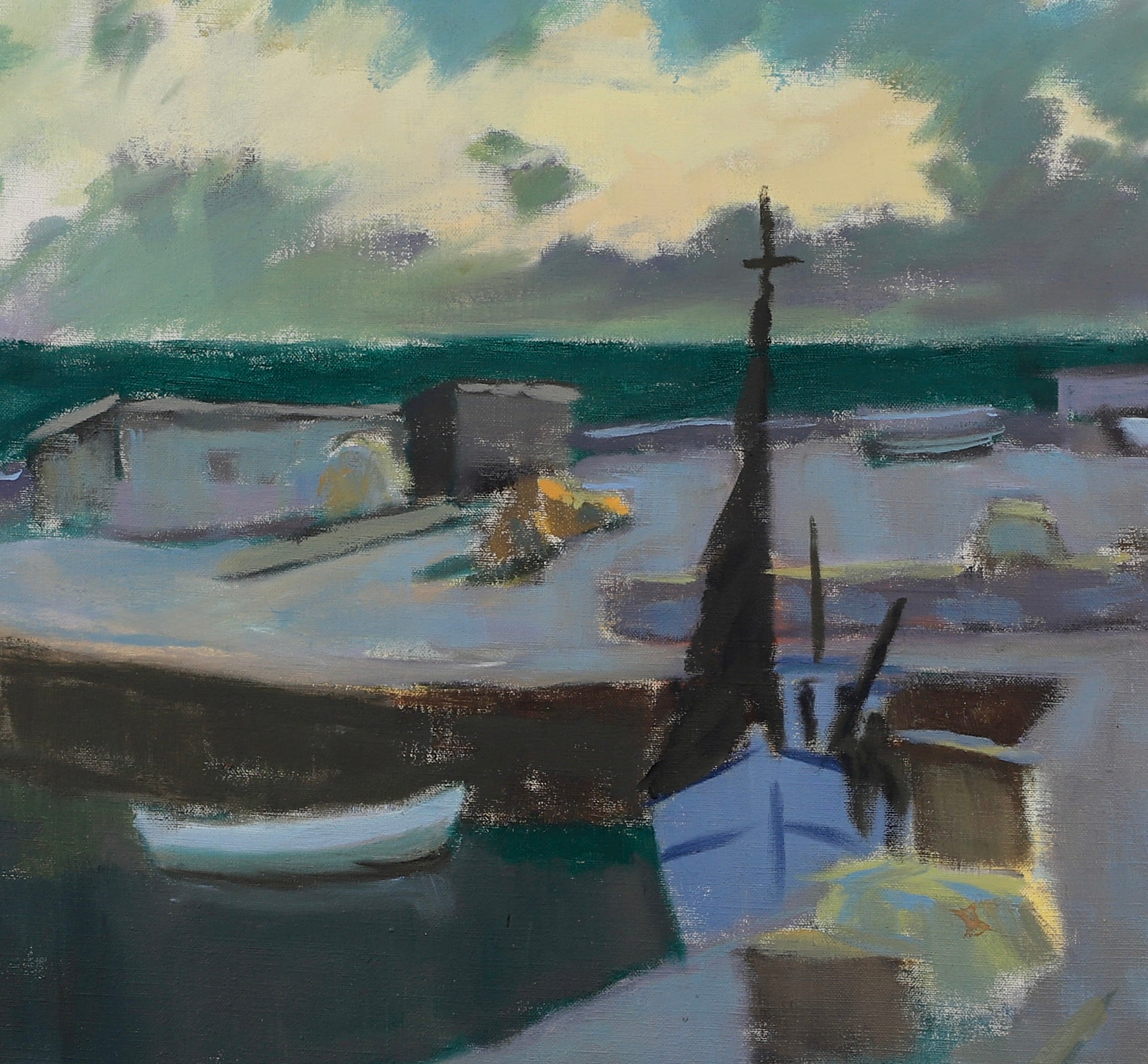 Original Vintage Art Harbor Oil Painting From Sweden
