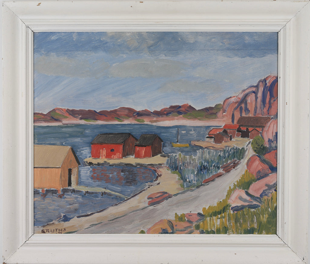Vintage Art Mid Century Coastal Oil Painting by from Sweden