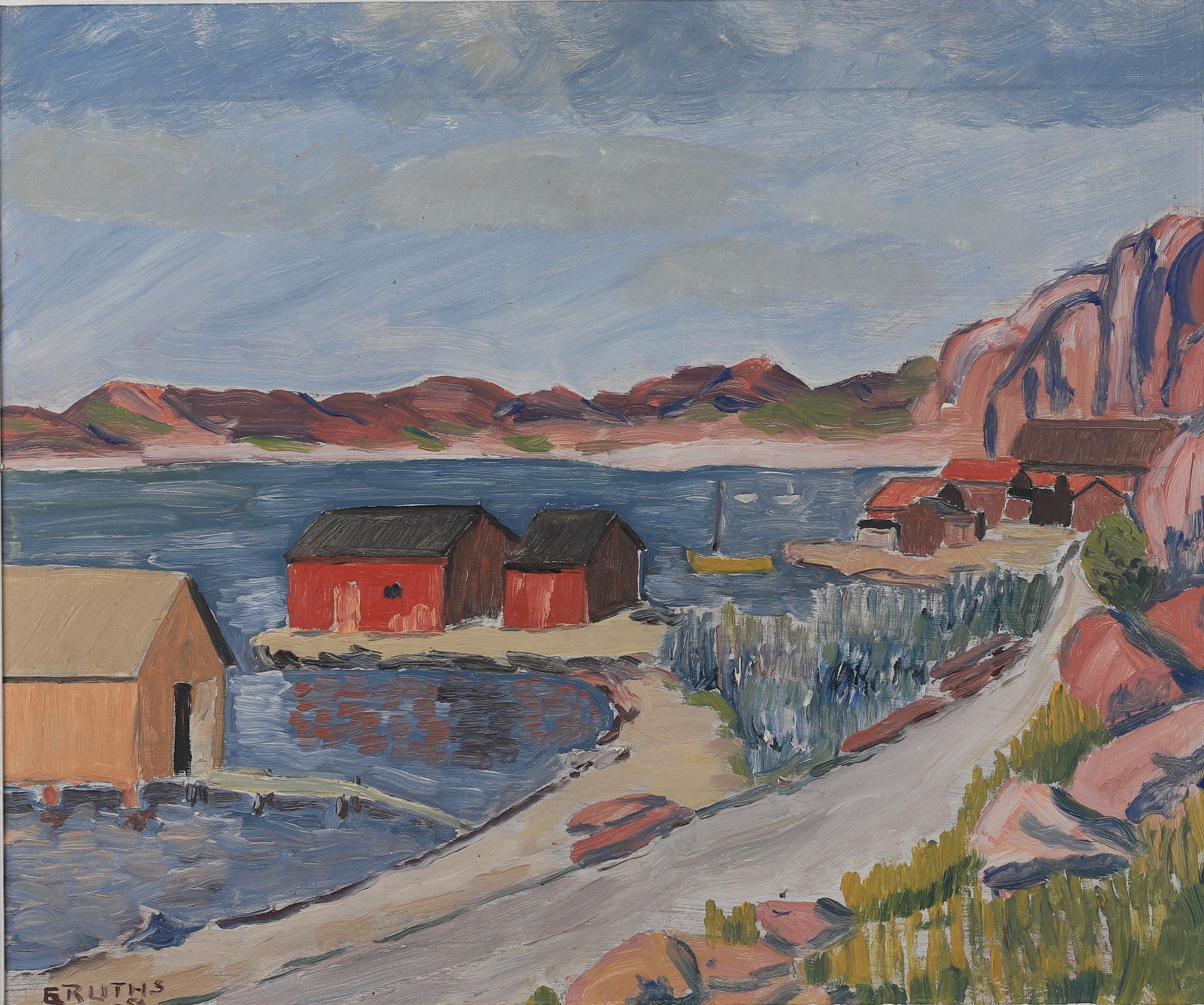 Vintage Art Mid Century Coastal Oil Painting by from Sweden