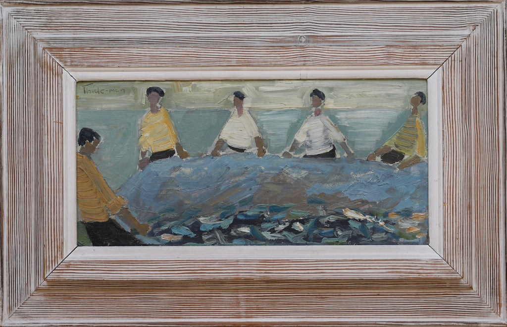 Oil Painting Vintage Mid Century Oil Painting of Fishermen From Sweden