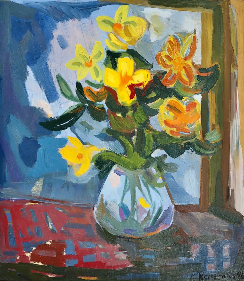 Colorful Mid Century Original Still Life Oil Painting From Sweden