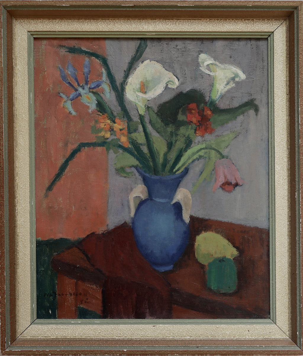 Original Still Life Floral Oil Painting Vintage Mid Century Sweden