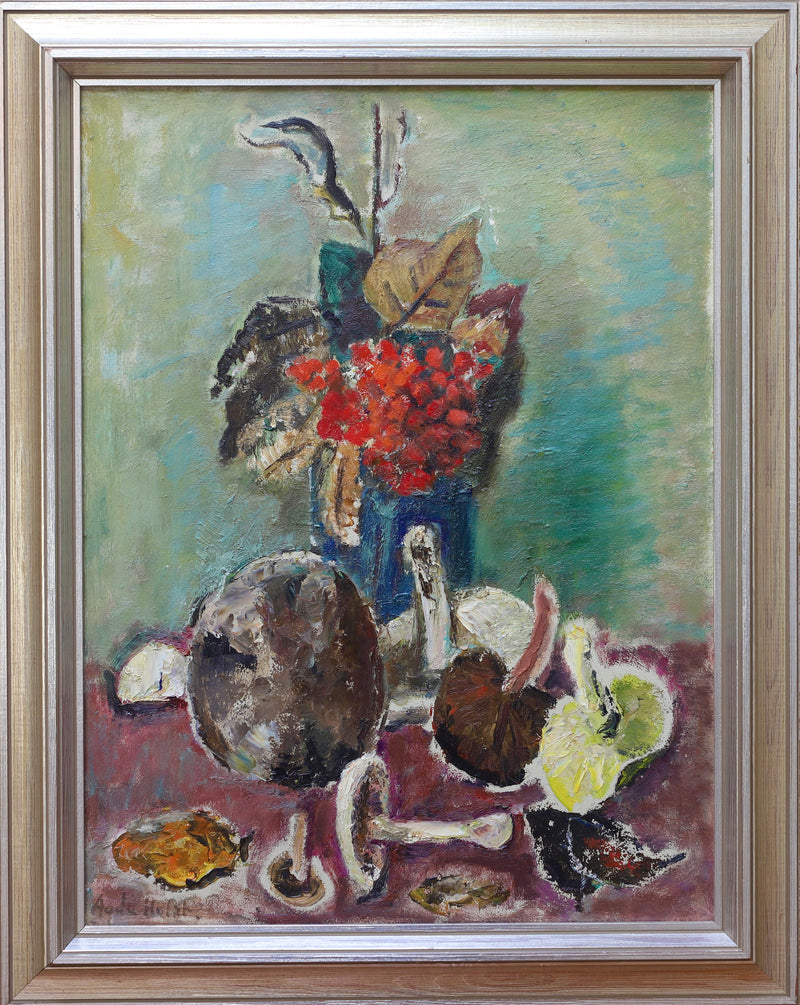 Vintage Mid Century Still Life of Mushrooms Oil Painting From Sweden