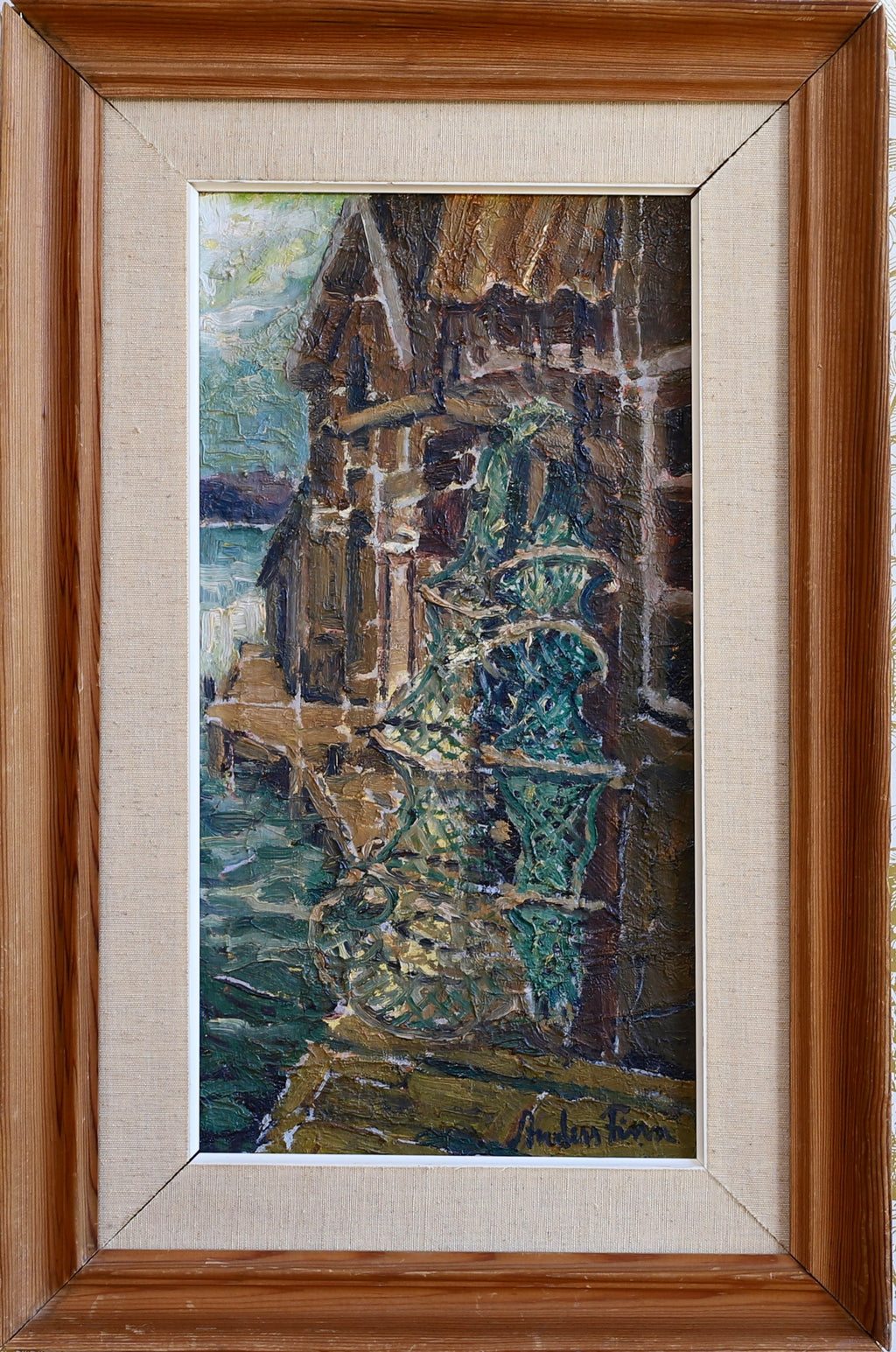 Original Vintage Art Harbor Oil Painting From Sweden