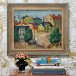 Swedish Vintage Village Scene Oil Painting From Sweden