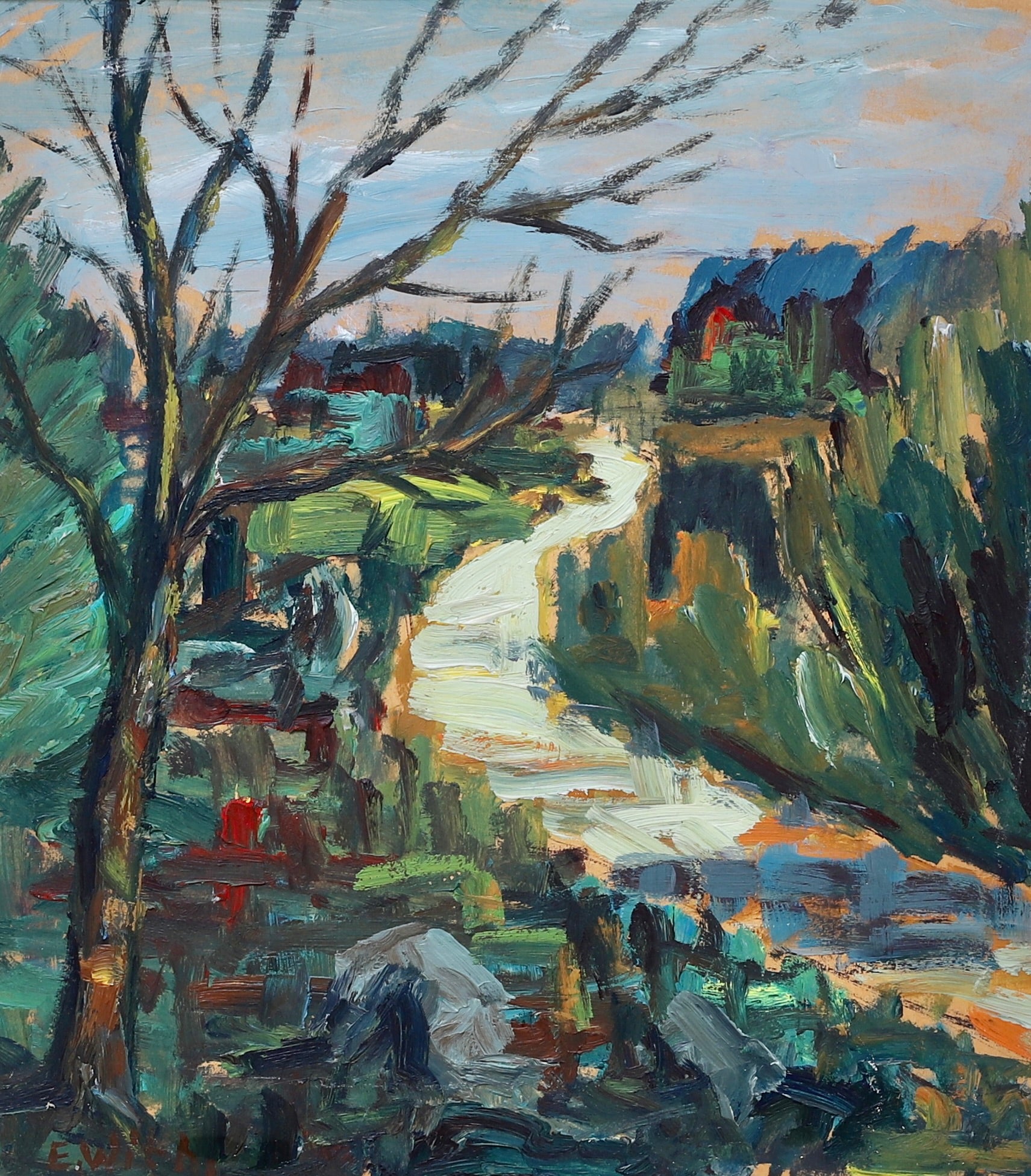 Colorful Mid Century Original Vintage Oil Painting from Sweden