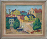 Swedish Vintage Village Scene Oil Painting From Sweden