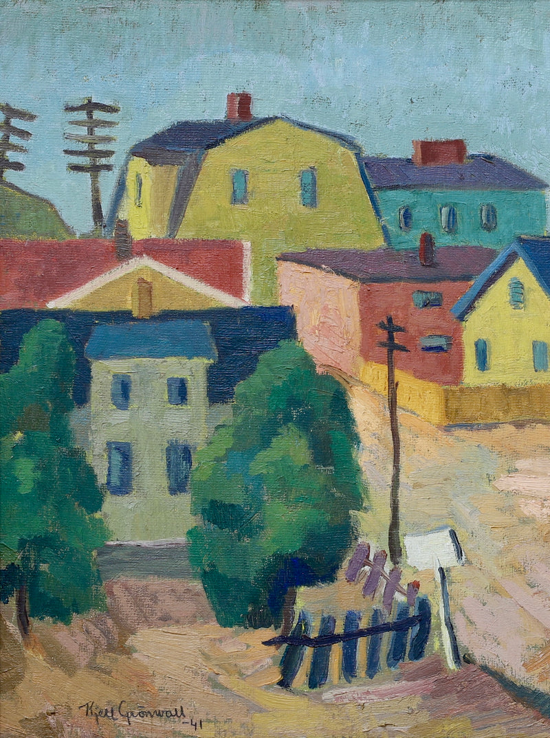 Swedish Vintage Village Scene Oil Painting From Sweden