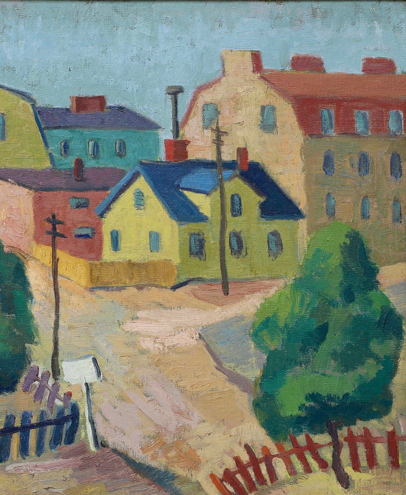 Swedish Vintage Village Scene Oil Painting From Sweden