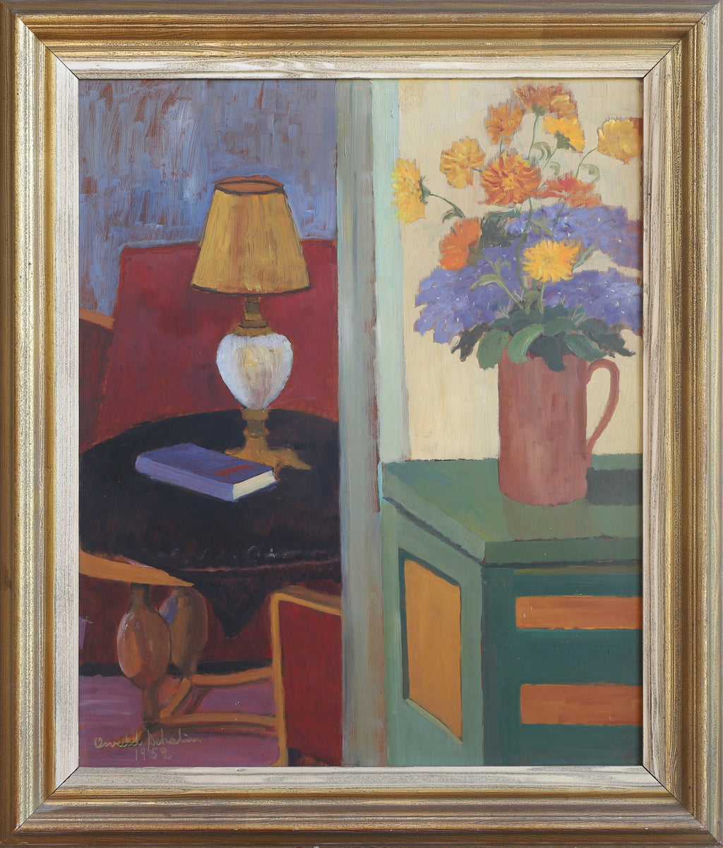 Vintage Mid Century Interior Oil Painting From Sweden 1952