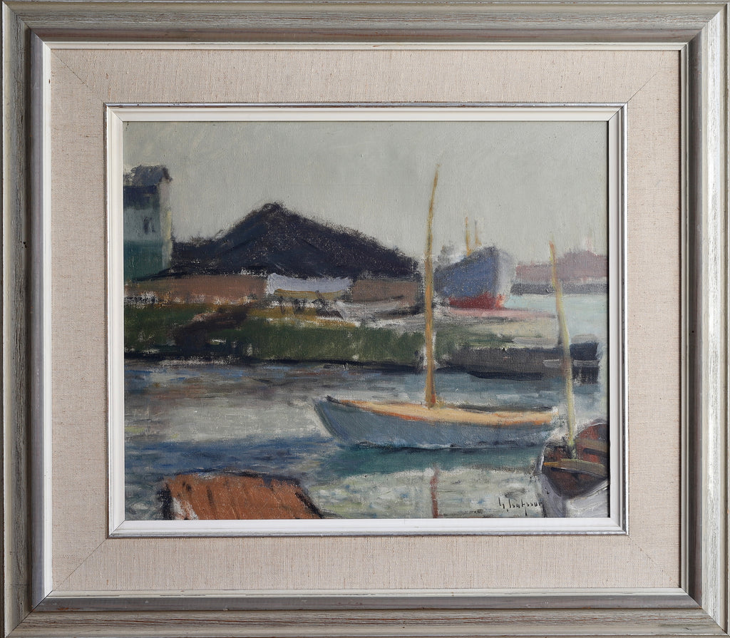 Mid Century Harbor Oil Painting from Sweden By G Isaksson