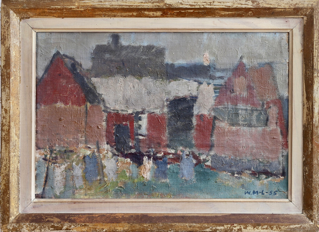 Charming Swedish Vintage Original Village Oil Painting