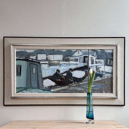 Original Vintage Mid Century Harbor Oil Painting Sweden