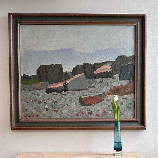 Mid Century Vintage Art Coastal Oil Painting from Sweden
