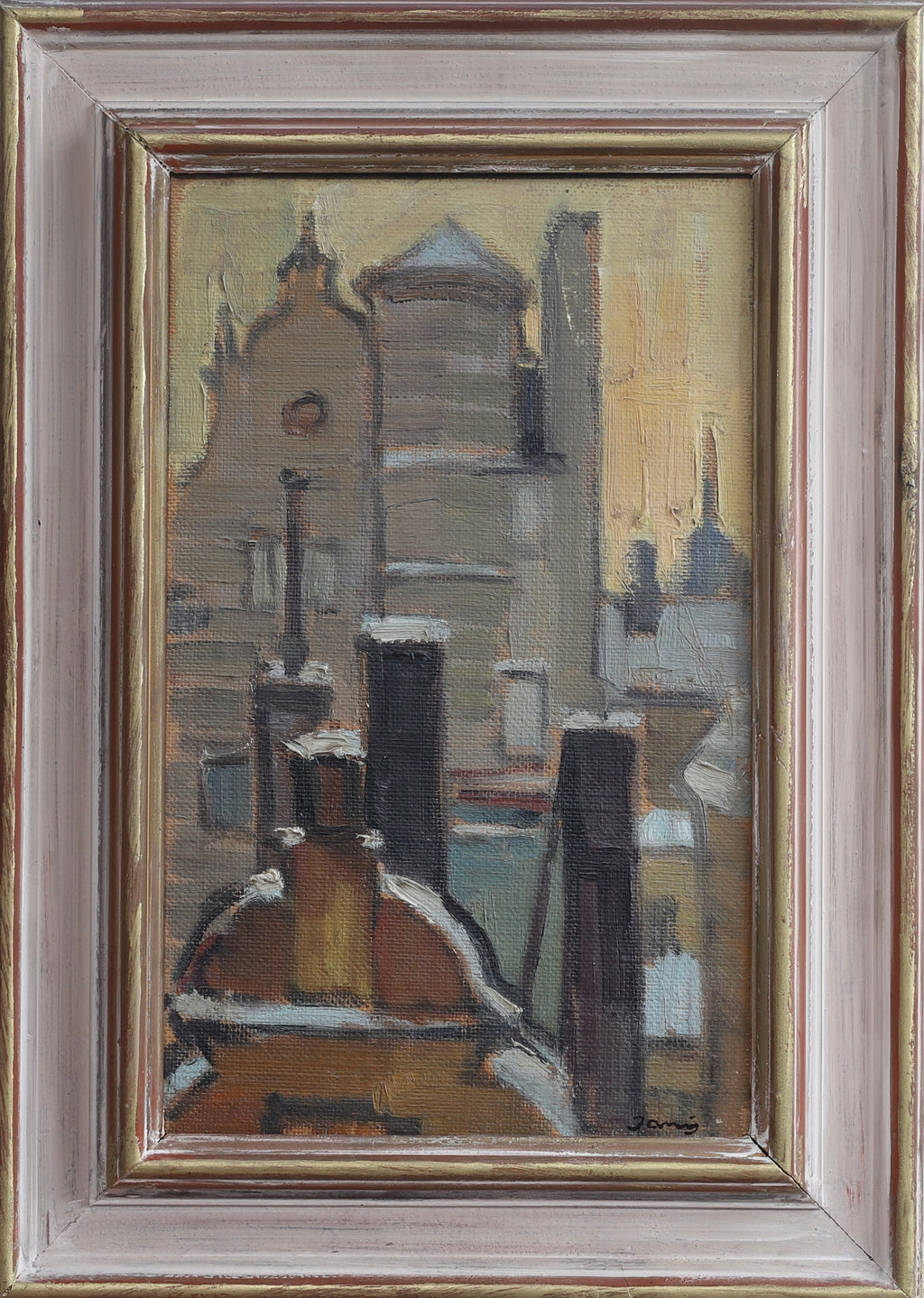 Vintage Mid Century Cityscape Oil Painting By L Janis Sweden