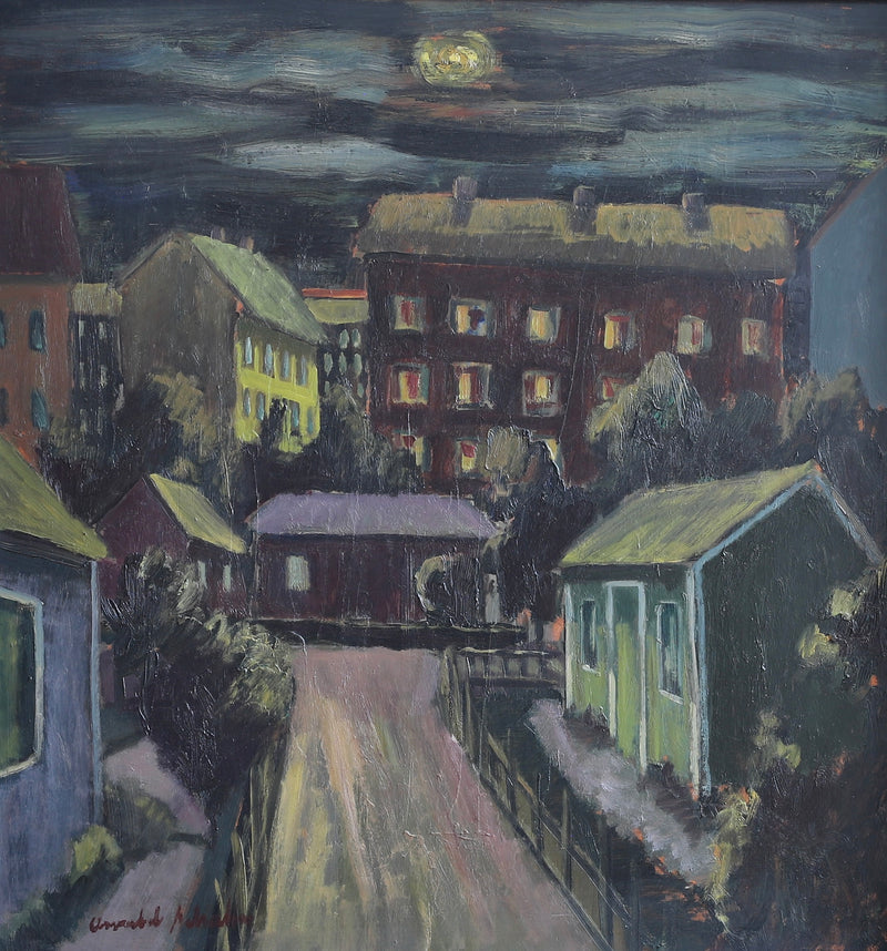 Vintage Mid Century Cityscape Oil Painting From Sweden