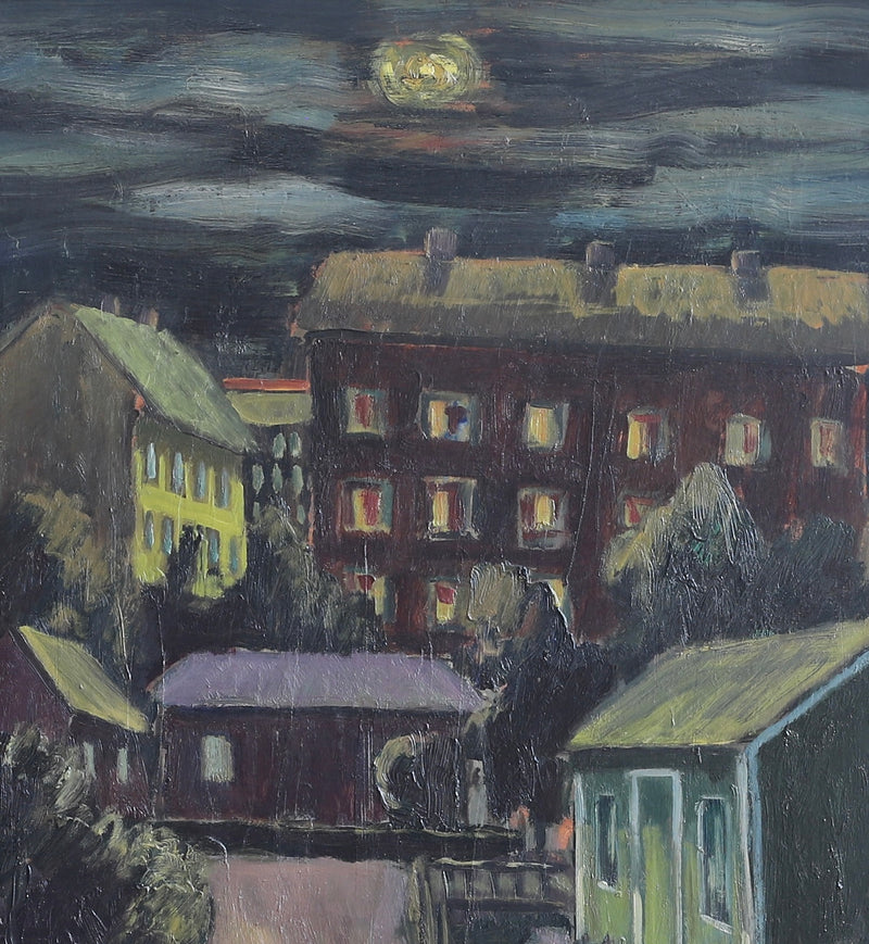 Vintage Mid Century Cityscape Oil Painting From Sweden