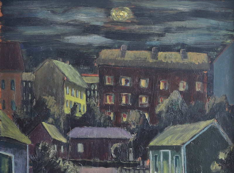 Vintage Mid Century Cityscape Oil Painting From Sweden