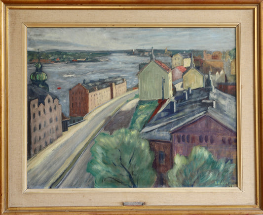 Vintage Art Original Cityscape Oil Painting From Sweden