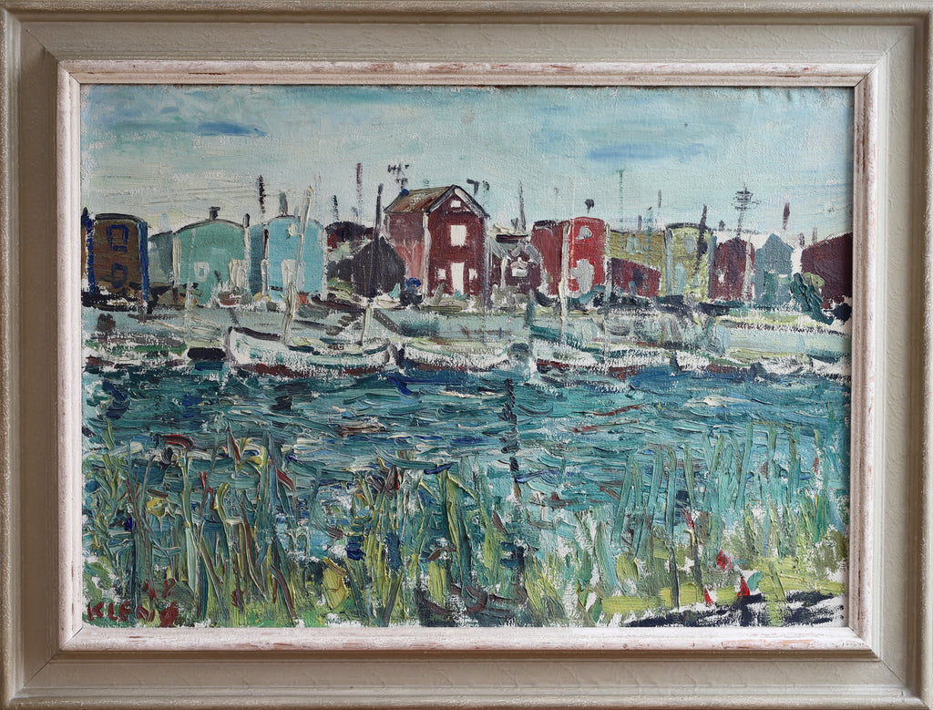 Mid Century Original Harbor Scene Oil Painting From Sweden 1948