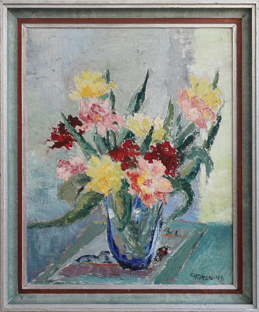 Vintage Art Room Original Floral Still Life Oil Painting Sweden