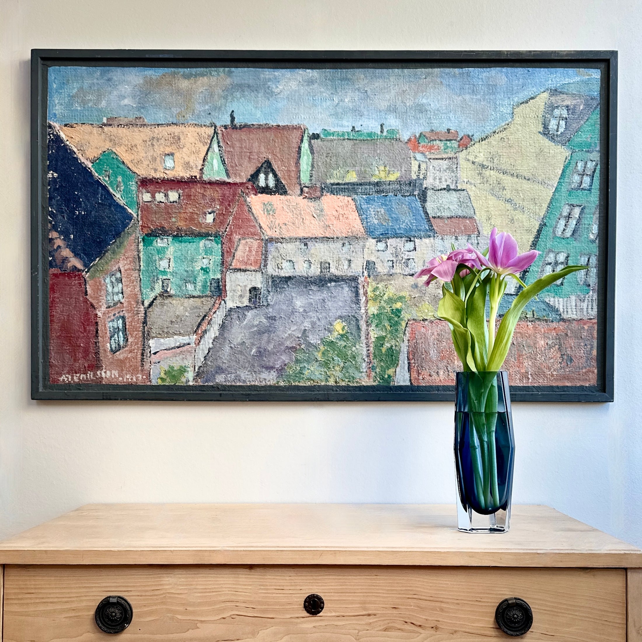 Vintage Art Cityscape Oil Painting from Sweden