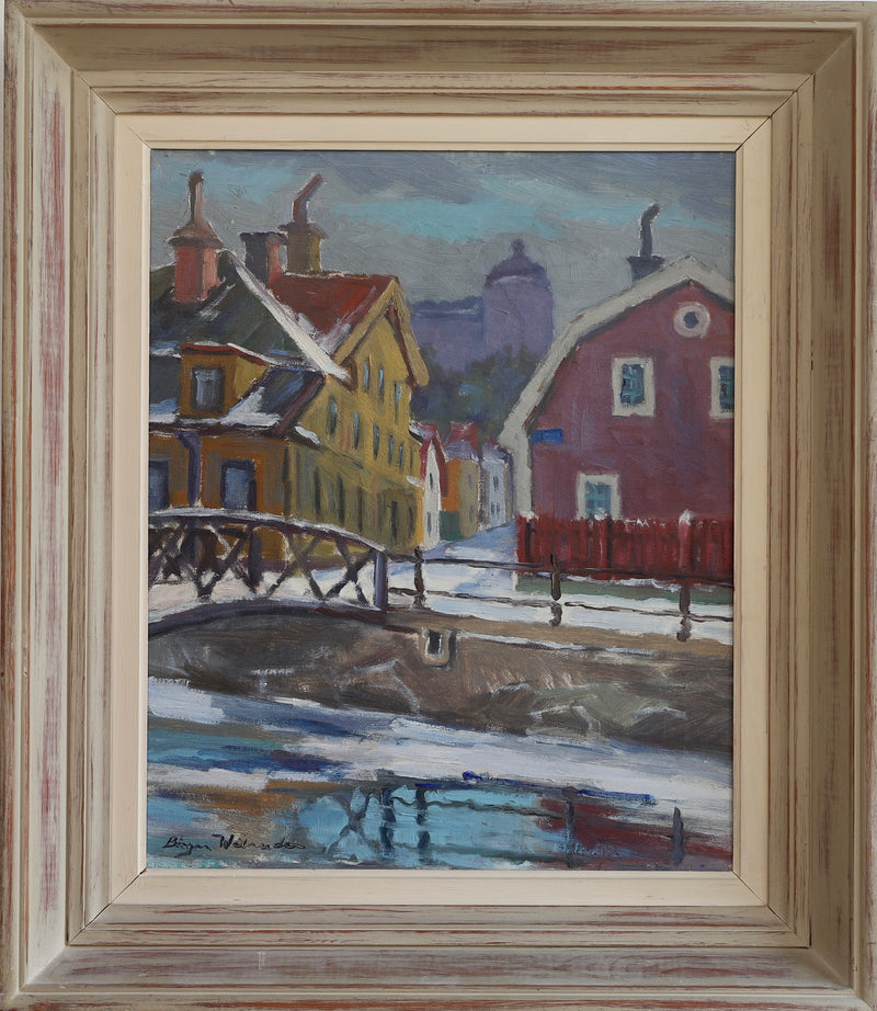 Vintage Mid Century Cityscape Oil Painting From Sweden