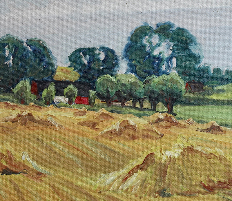 Original Mid Century Haystacks Oil Painting from Sweden