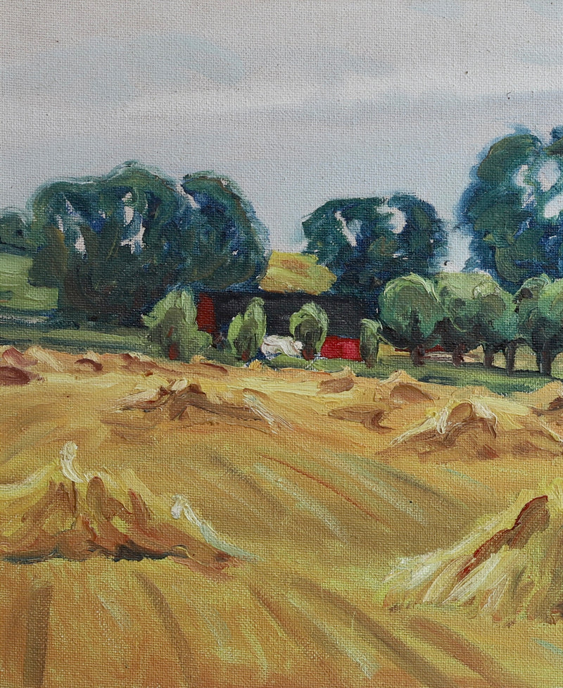 Original Mid Century Haystacks Oil Painting from Sweden