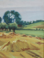 Original Mid Century Haystacks Oil Painting from Sweden