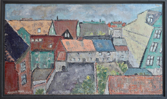 Vintage Art Cityscape Oil Painting from Sweden