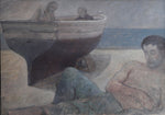 Oil Painting Vintage Mid Century Oil Painting of Fishermen From Sweden