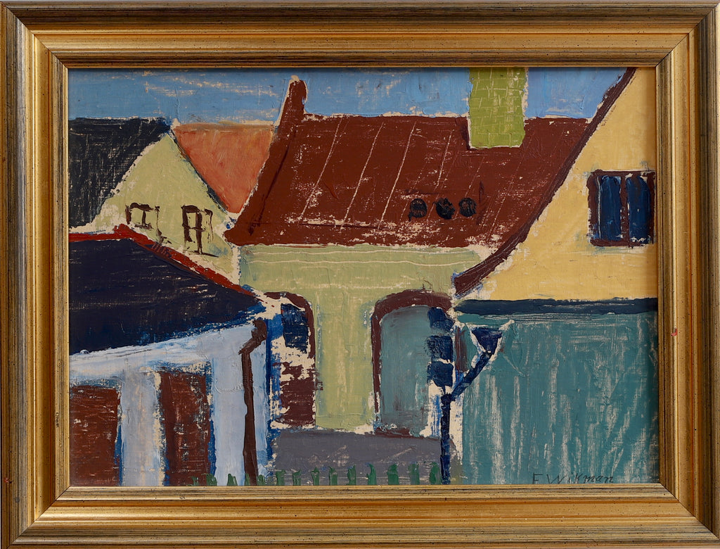 Mid Century Vintage Original Cityscape Oil Painting From Sweden