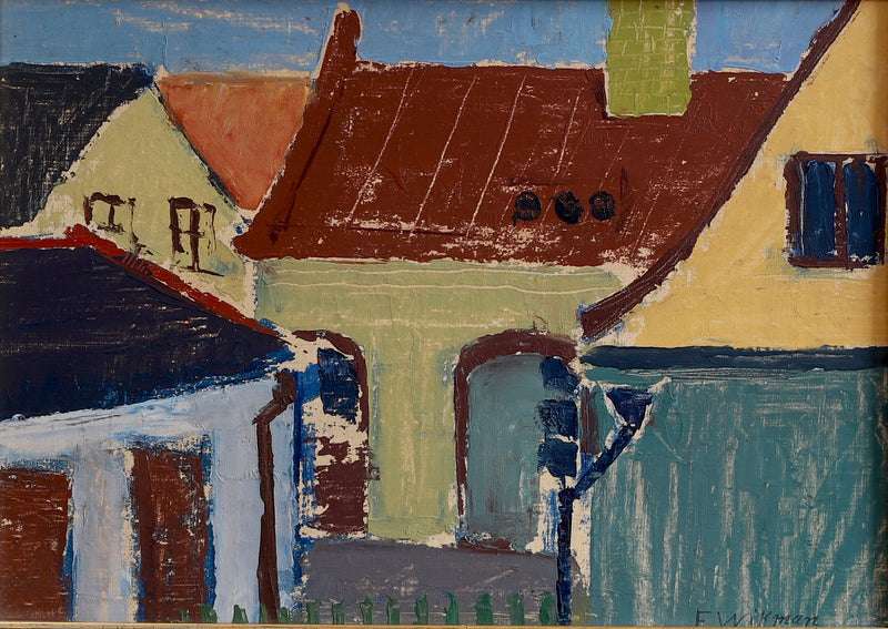 Mid Century Vintage Original Cityscape Oil Painting From Sweden
