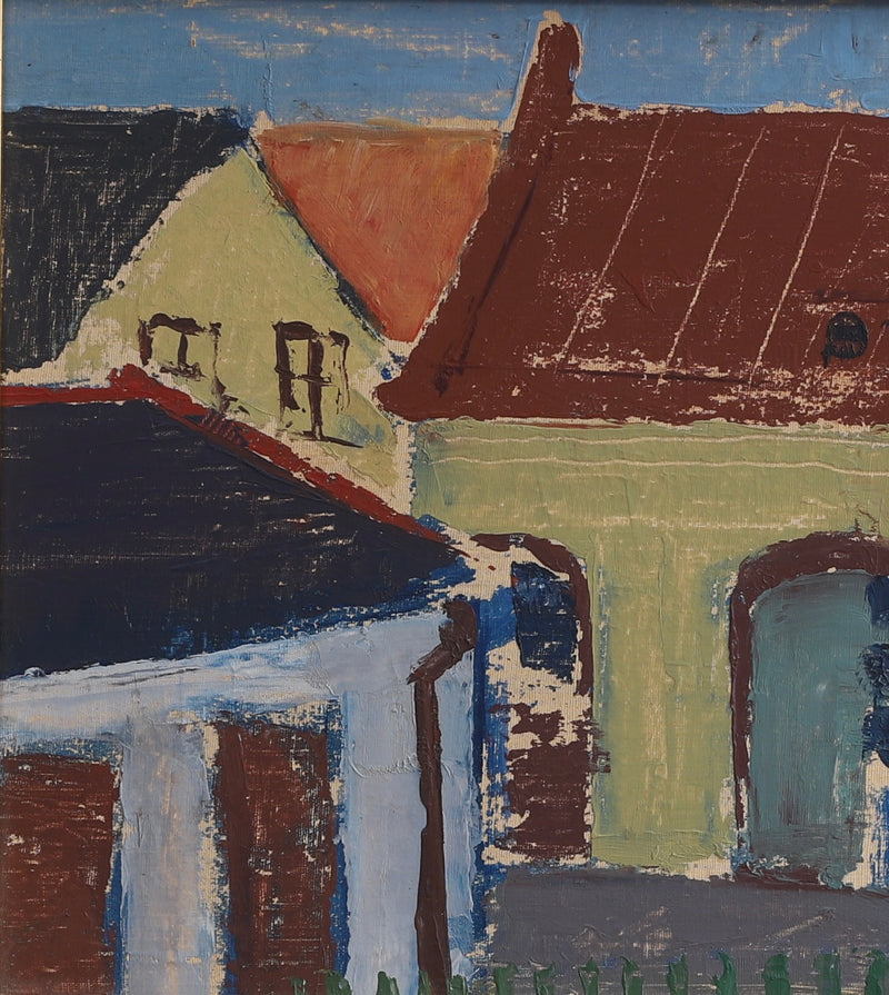 Mid Century Vintage Original Cityscape Oil Painting From Sweden