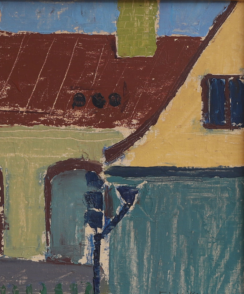 Mid Century Vintage Original Cityscape Oil Painting From Sweden