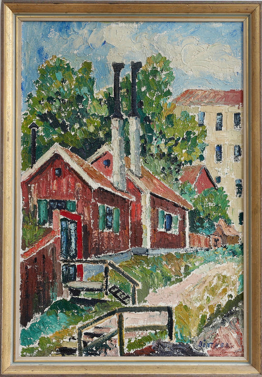 Mid Century Vintage Original Cityscape Oil Painting From Sweden