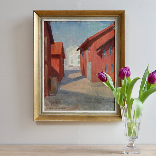 Mid Century Vintage Original Cityscape Oil Painting From Sweden 1952