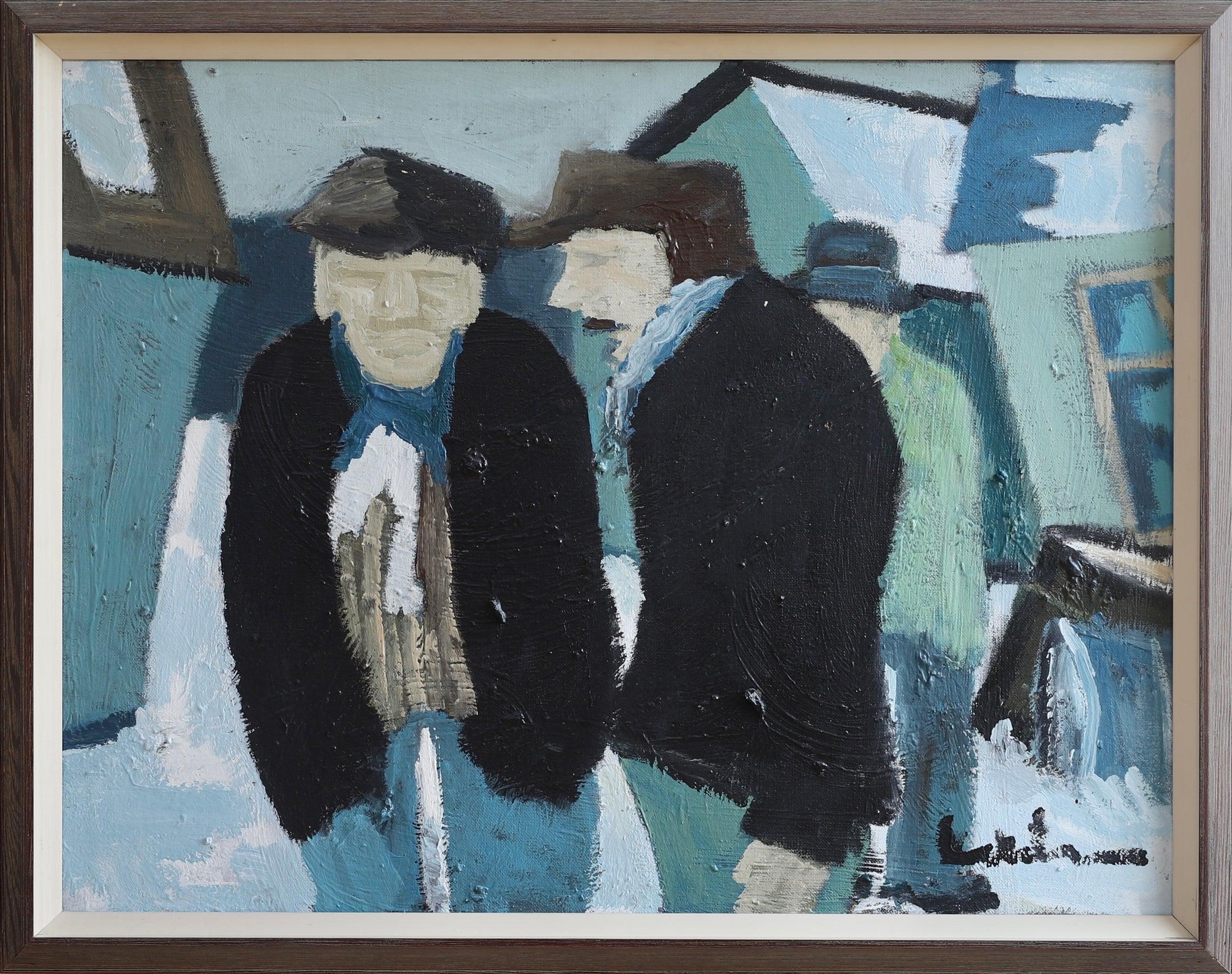 Oil Painting Vintage Mid Century Oil Painting of Fishermen From Sweden