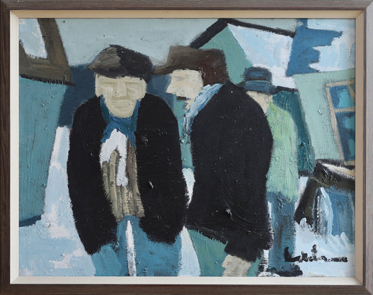 Oil Painting Vintage Mid Century Oil Painting of Fishermen From Sweden