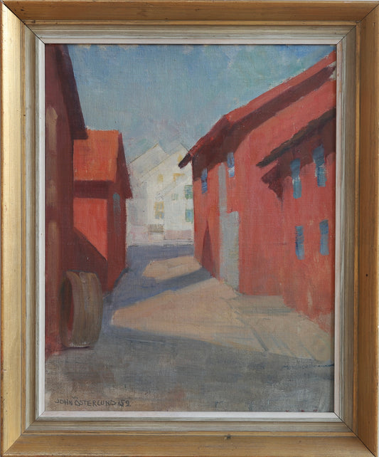 Mid Century Vintage Original Cityscape Oil Painting From Sweden 1952