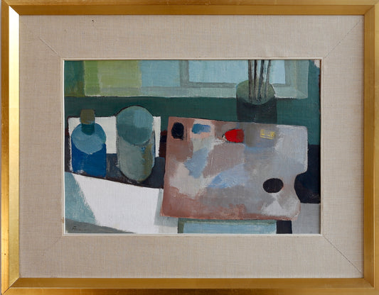 Mid Century Artist Studio Interior Oil Painting From Sweden