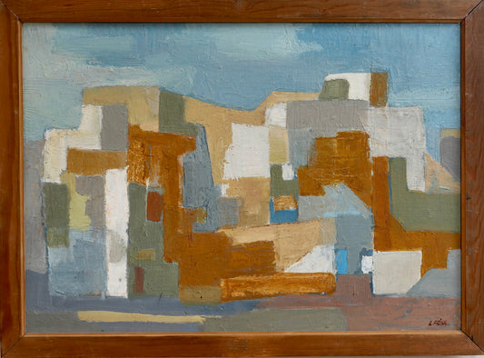 Mid Century Vintage Original Cityscape Oil Painting From Sweden 1955