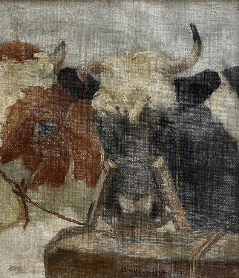 Vintage Art Room Original Oil Painting of Calves From Sweden