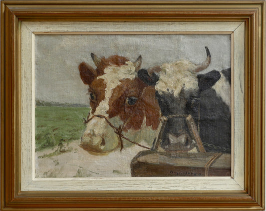 Vintage Art Room Original Oil Painting of Calves From Sweden