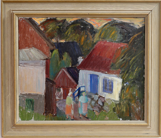 Vintage Mid Century Village Oil Painting from Sweden