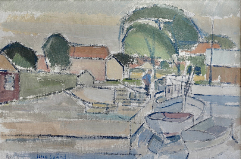 Vintage Original Harbor Oil Painting From Sweden