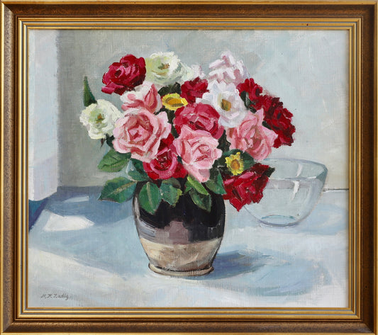 Original Mid Century Still Life Oil Painting Roses from Sweden